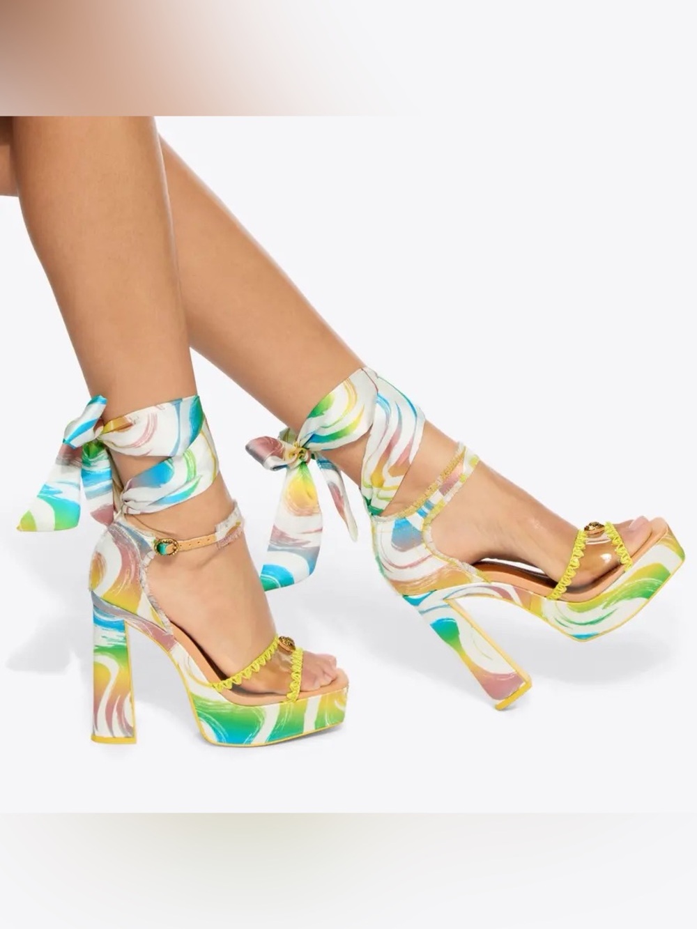 Kurt Geiger London Cabana Vinyl Tie Platform Heels Yellow Swirl EU 39 US 8.5